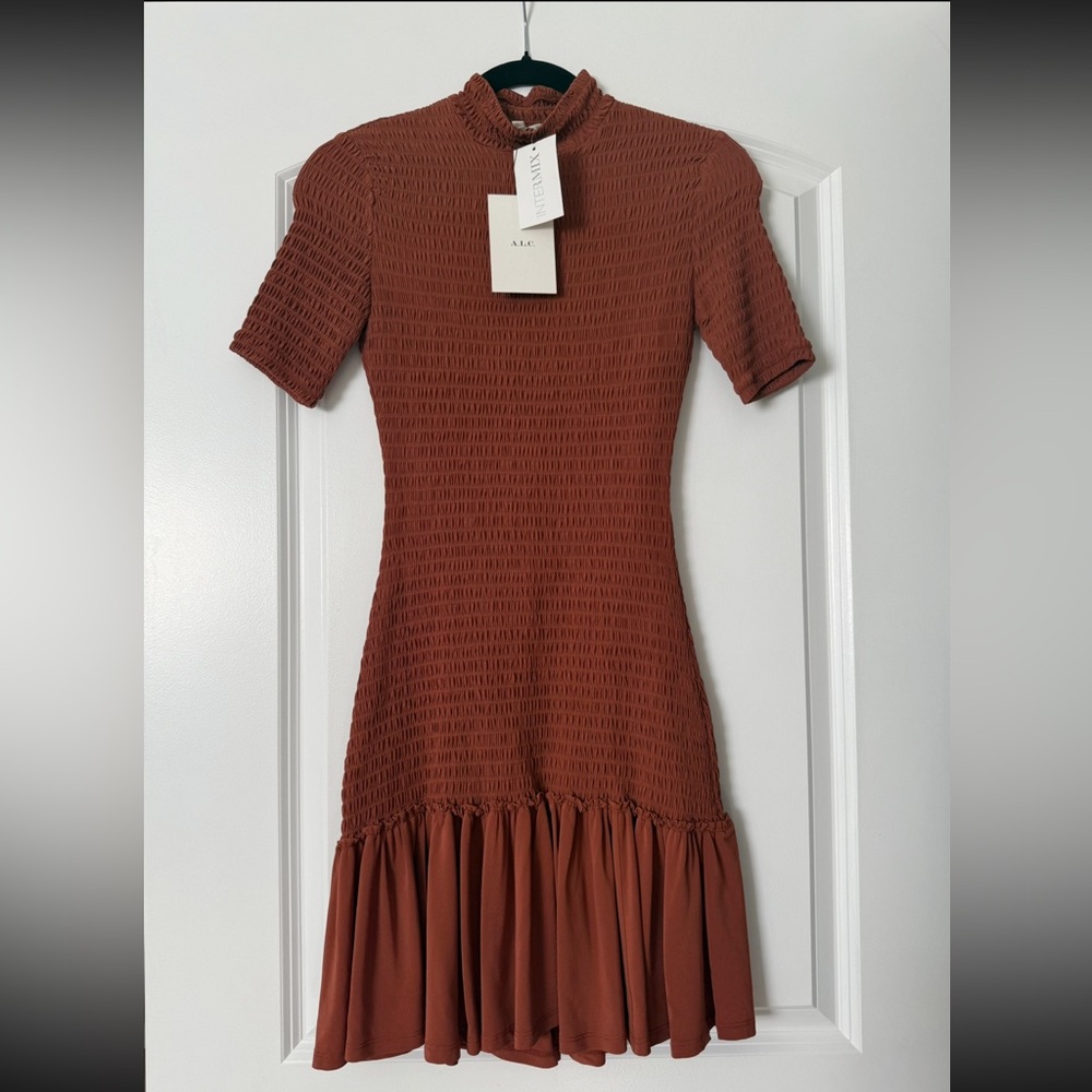 NEW w/tags: A.L.C. Aston Brown Rust Smocked Mini Dress with Ruffle Hem - Picture 3 of 5